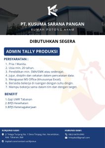 Lowongan Kerja Sebagai Admin Tally Produksi untuk PT.Kusuma Sarana Pangan Penempatan di Tabanan