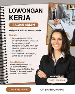 Lowongan Kerja Sebagai Admin untuk CV Sinar Purnama Penempatan di Denpasar