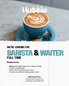 Lowongan Kerja Sebagai Barista & Waiter untuk Hussle Penempatan di Badung