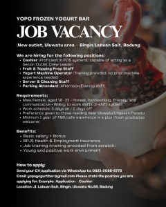Lowongan Kerja Sebagai Cashier, Fruit & Topping Prep Staff, Yogurt Machine Operator, Server & Cleaning Staff, Parking Attendant untuk YOPO Frozen Yogurt Bar Penempatan di Uluwatu, Badung