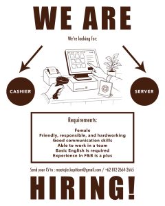 Lowongan Kerja Sebagai Cashier dan Server untuk MTJ Kopitiam Penempatan di Ubud, Gianyar