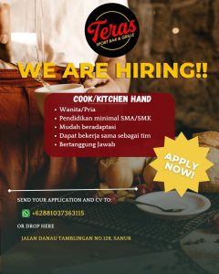 Lowongan Kerja Sebagai Cook/ Kitchen Hand untuk TERAS Sport Bar & Grill Penempatan di Sanur, Denpasar