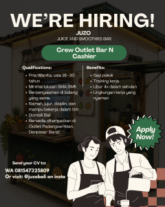 Lowongan Kerja Sebagai Crew Outlet Bar dan Kasir untuk JUZO Bali Penempatan di Denpasar