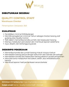 Lowongan Kerja Sebagai DC Supervisor, QC Staff, Kasir, dan Sales Promotion untuk Worcas Group Penempatan di Denpasar