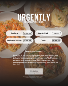 Lowongan Kerja Sebagai Demi Chef, Cook, Waiter/Waitress, Barista untuk Posatry 2.0 Penempatan di Gianyar