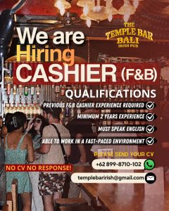 Lowongan Kerja Sebagai F&B Cashiers, Waitresses untuk The Temple Bar Bali Irish Pub Penempatan di Seminyak, Badung
