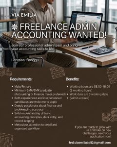Lowongan Kerja Sebagai Freelance Admin Accounting untuk VIA EMILIA Penempatan di Badung