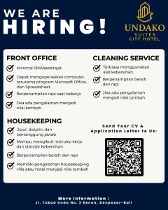 Lowongan Kerja Sebagai Front Office, Housekeeping dan Cleaning Service untuk UNDAKO Suites City Hotel Penempatan di Denpasar