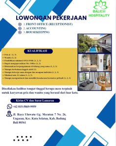 Lowongan Kerja Sebagai Front Office (Receptionist), Accounting, dan Housekeeping untuk Baliem Hospitality Penempatan di Kuta, Badung