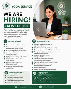 Lowongan Kerja Sebagai Front Office untuk YODA Service Penempatan di Badung