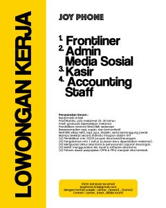 Lowongan Kerja Sebagai Frontliner, Admin Media Social, Kasir, Accounting Staff, Cleaning Service, Dll untuk Joy Phone Bali Penempatan di Batubulan, Gianyar