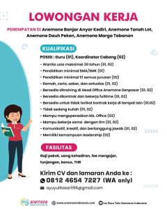Lowongan Kerja Sebagai Guru Baca Tulis dan Koordinator Cabang untuk ANEMONE Penempatan di Tabanan