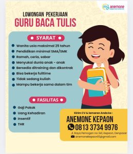 Lowongan Kerja Sebagai Guru Baca Tulis untuk Anemone Kepaon Penempatan di Denpasar

