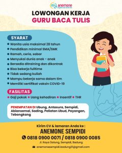 Lowongan Kerja Sebagai Guru Baca Tulis untuk Anemone Sempidi Penempatan di Badung