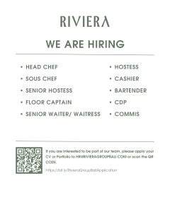Lowongan Kerja Sebagai Head Chef, Sous Chef, Senior Hostess, Floor Captain, Senior Waiter/ss, Dll untuk RIVIERA Penempatan di Badung