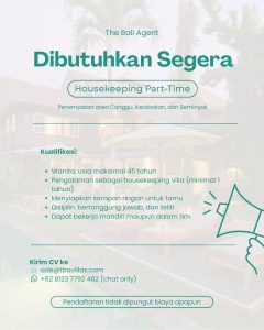 Lowongan Kerja Sebagai Housekeeping Part-Time untuk The Bali Agent Penempatan di Badung
