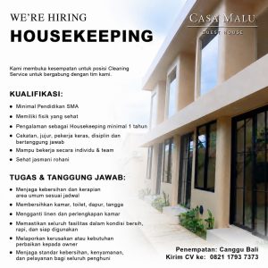 Lowongan Kerja Sebagai Housekeeping untuk CASA MALU Penempatan di Canggu, Badung