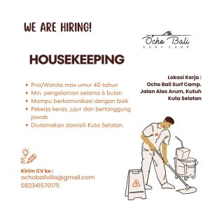 Lowongan Kerja Sebagai Housekeeping untuk Ocho Bali Surf Camp Penempatan di Kuta, Badung