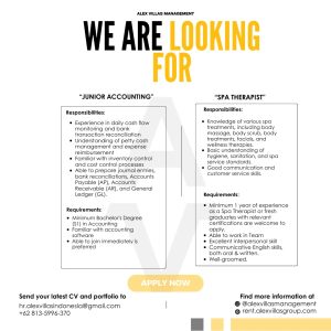 Lowongan Kerja Sebagai Junior Accounting dan SPA Therapist untuk Alex Villa Management Penempatan di Badung
