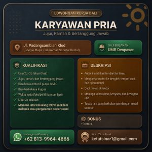 Lowongan Kerja Sebagai Karyawan Pria untuk Bali Ramah Scooter Rental Penempatan di Padangsambian, Denpasar