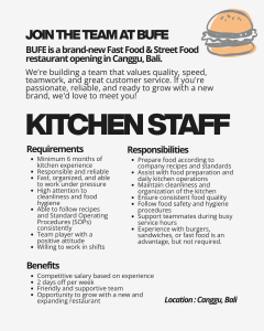 Lowongan Kerja Sebagai Kitchen Staff, Cashier / Service Staff, Kitchen Helper (Trainee), Packing Staff untuk BUFE Penempatan di Canggu, Badung