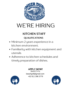 Lowongan Kerja Sebagai Kitchen Staff untuk Beach Grill Nusa Dua Penempatan di Badung