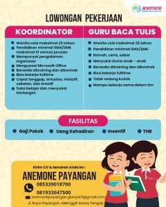 Lowongan Kerja Sebagai Koordinator dan Guru Baca Tulis untuk Anemone Payangan Penempatan di Gianyar