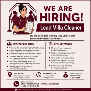 Lowongan Kerja Sebagai Lead Villa Cleaner untuk Villa Penempatan di Seminyak, Badung
