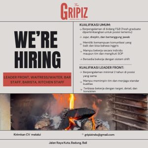 Lowongan Kerja Sebagai Leader Floor, Waitress/Waiter, Bar Staff, dan Kitchen Staff untuk The Gripiz Grill & Pizza Penempatan di Kuta, Badung
