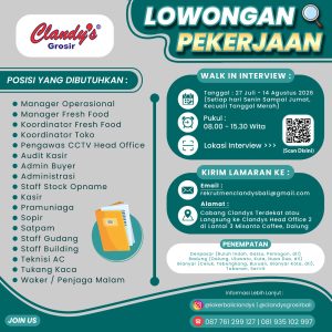 Lowongan Kerja Sebagai Manager Operasional, Manager Fresh Food, Koordinator Fresh Food, Koordinator Toko, Dll untuk Clandy's Grosir Penempatan di Bali