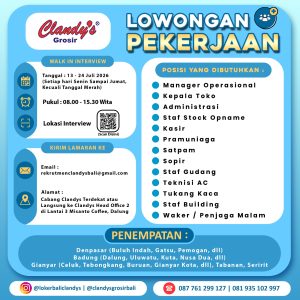Lowongan Kerja Sebagai Manager Operational, Kerala Toko, Administrasi, Staff Stock Opname, Kasir, Dll untuk Clandy's Grosir Penempatan di Bali
