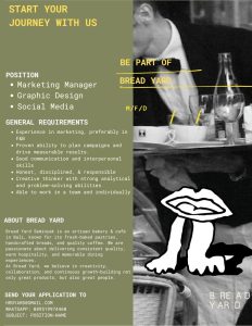 Lowongan Kerja Sebagai Marketing Manager, Graphic Design dan Social Media untuk BREAD YARD Penempatan di Seminyak, Badung