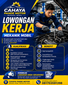 Lowongan Kerja Sebagai Mekanik Mobil untuk Cahaya Pande Motor Penempatan di Denpasar