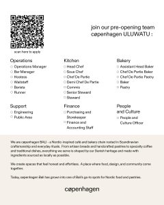 Lowongan Kerja Sebagai Operations Manager, Bar Manager, Hostess, Waitstaff, Barista, Runner, Dll untuk Copenhagen Penempatan di Uluwatu, Badung
