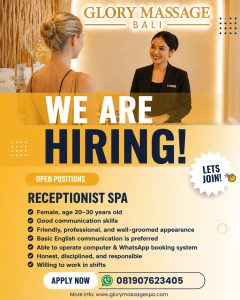 Lowongan Kerja Sebagai Receptionist untuk Glory Massage Bali Penempatan di Badung