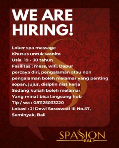 Lowongan Kerja Sebagai SPA Massage untuk SPASSION Penempatan di Seminyak, Badung