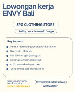 Lowongan Kerja Sebagai SPG Clothing Store Envy Clothing Bali Penempatan di Badung