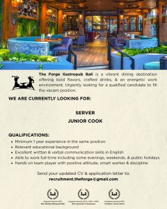 Lowongan Kerja Sebagai Server dan Junior Cook untuk The Forge Gastropub Bali Penempatan di Badung
