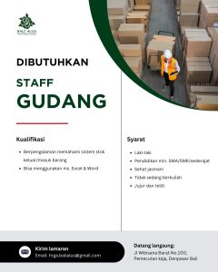 Lowongan Kerja Sebagai Staff Gudang untuk Bali Alus Penempatan di Denpasar

