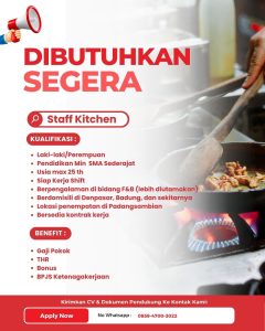 Lowongan Kerja Sebagai Staff Kitchen, Purchasing dan Cold Kitchen untuk Tata's Puding Penempatan di Bali