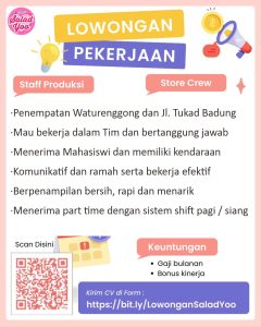 Lowongan Kerja Sebagai Staff Produksi dan Store Crew untuk Salad Yoo Penempatan di Denpasar