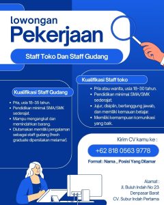 Lowongan Kerja Sebagai Staff Toko dan Staff Gudang untuk CV. Subur Indah Pertama Penempatan di Denpasar