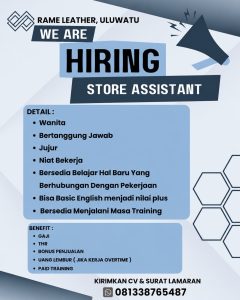 Lowongan Kerja Sebagai Store Assistant untuk Rame Leather Penempatan di Uluwatu, Badung
