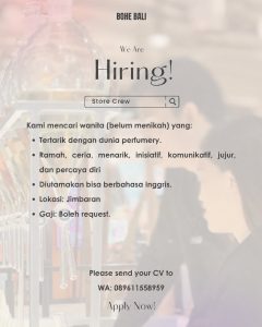 Lowongan Kerja Sebagai Store Crew untuk Bohe Bali Penempatan di Jimbaran, Badung
