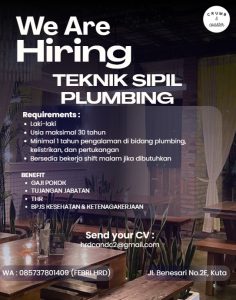 Lowongan Kerja Sebagai Teknik Sipil Plumbing untuk CRUMB & Coaster Penempatan di Kuta, Badung