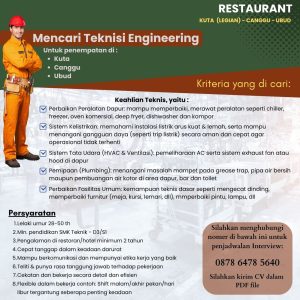 Lowongan Kerja Sebagai Teknisi Engineering untuk Restaurant Penempatan di Bali
