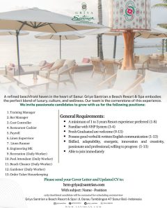 Lowongan Kerja Sebagai Training Manager, Bar Manager, Cost Controller, Restaurant Cashier, Dll untuk Griya Santrian Penempatan di Sanur, Denpasar