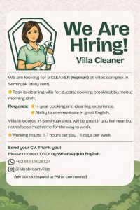 Lowongan Kerja Sebagai Villa Cleaner untuk MasBro ART Villas Penempatan di Badung
