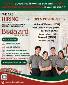 Lowongan Kerja Sebagai Waiter & Waitress, Part time 4 hours, Bar Staff, Cook Helper, Steward, Runner untuk Bogaard Steak & Bistro Penempatan di Denpasar
