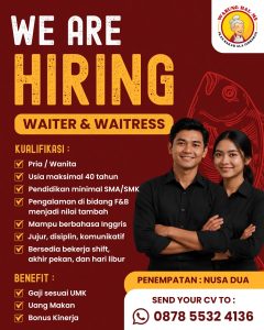 Lowongan Kerja Sebagai Waiter dan Waitress untuk Warung Hal-ME  Penempatan di Nusa Dua, Badung